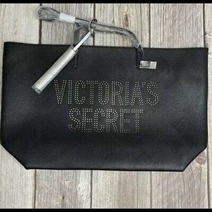 Victoria's Secret Faux Leather Travel Weekender Tote Bag w/ Tassel Black NWT $58
